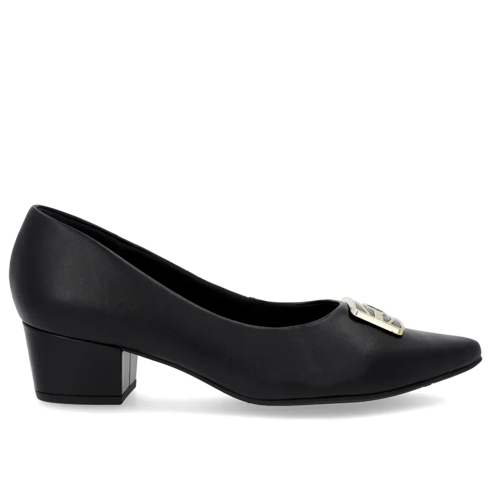 Scarpin Bico Fino Couro Preto Salto Bloco Enfeite — imagem 1