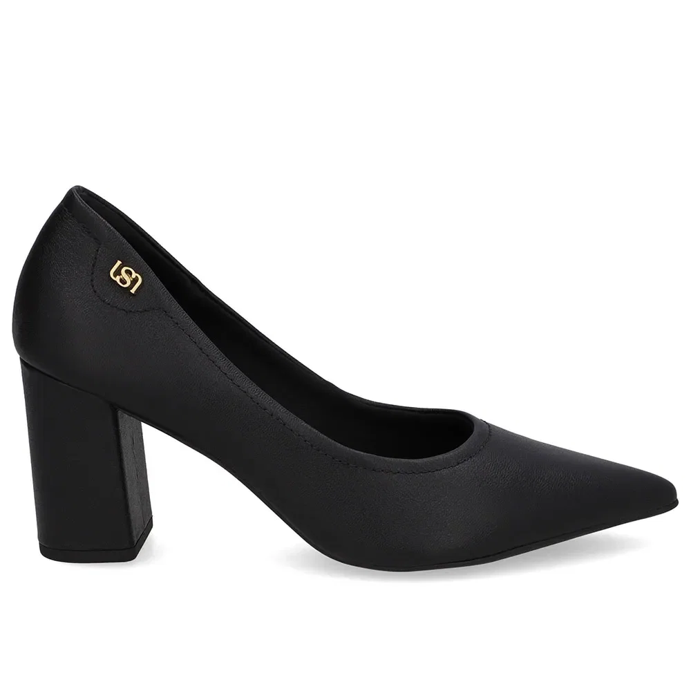 Scarpin Preto Salto Bloco Couro Bico Fino — imagem 1