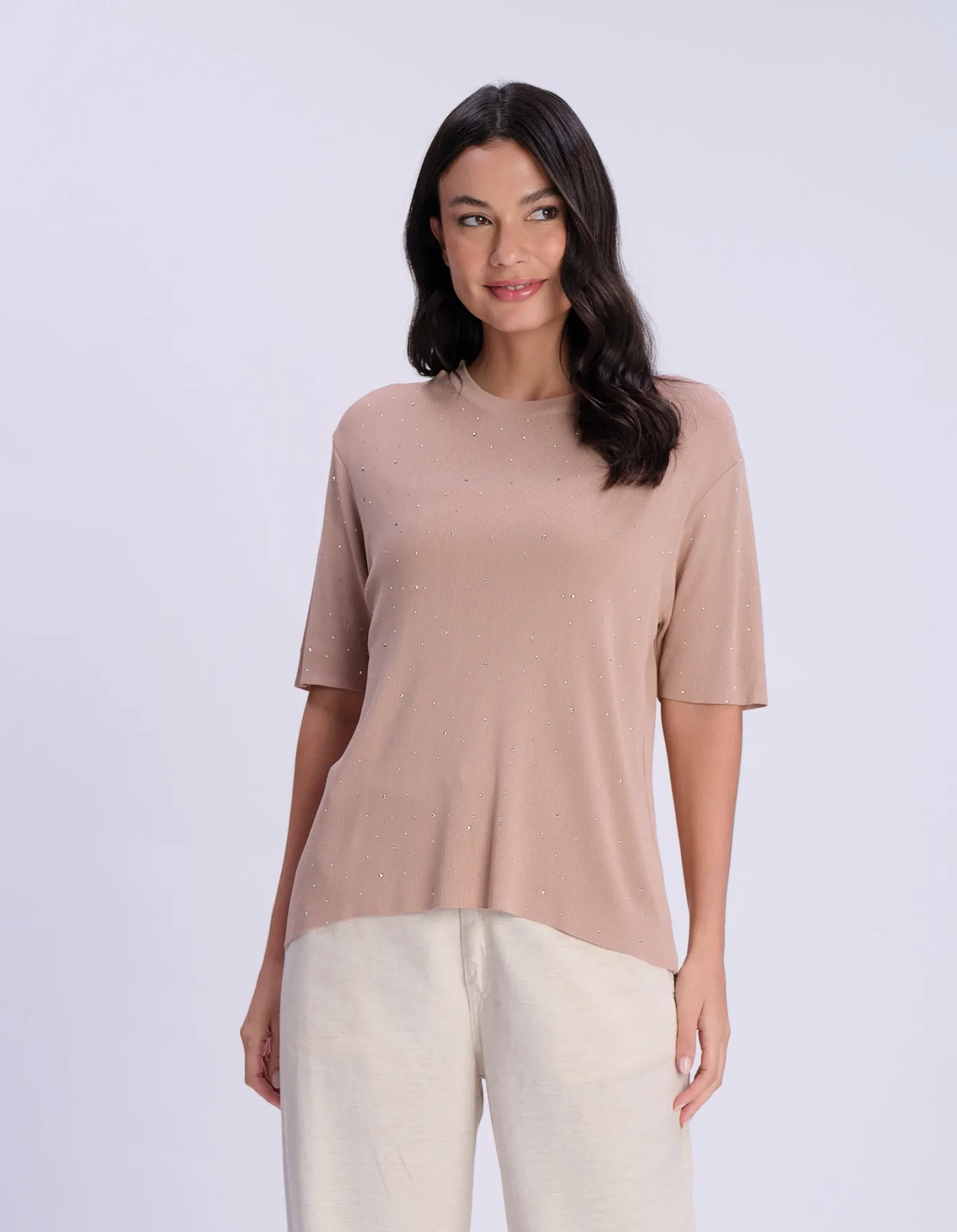 Blusa Manga Curta Brilhos - Nude