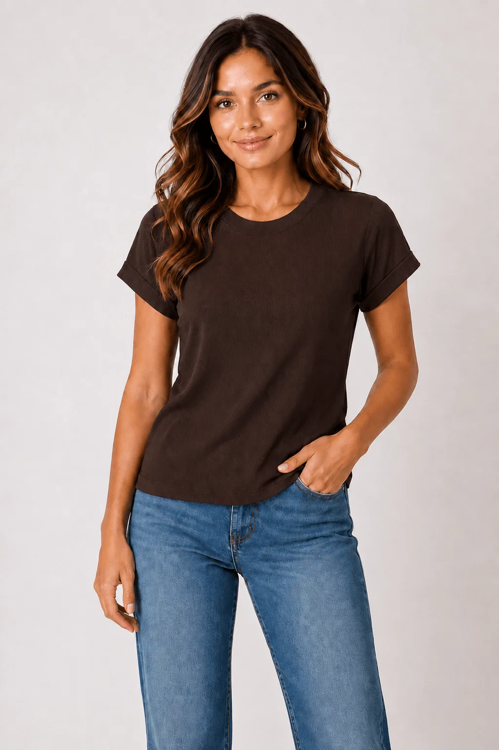 Blusa Manga Curta Decote Canoa - Marrom