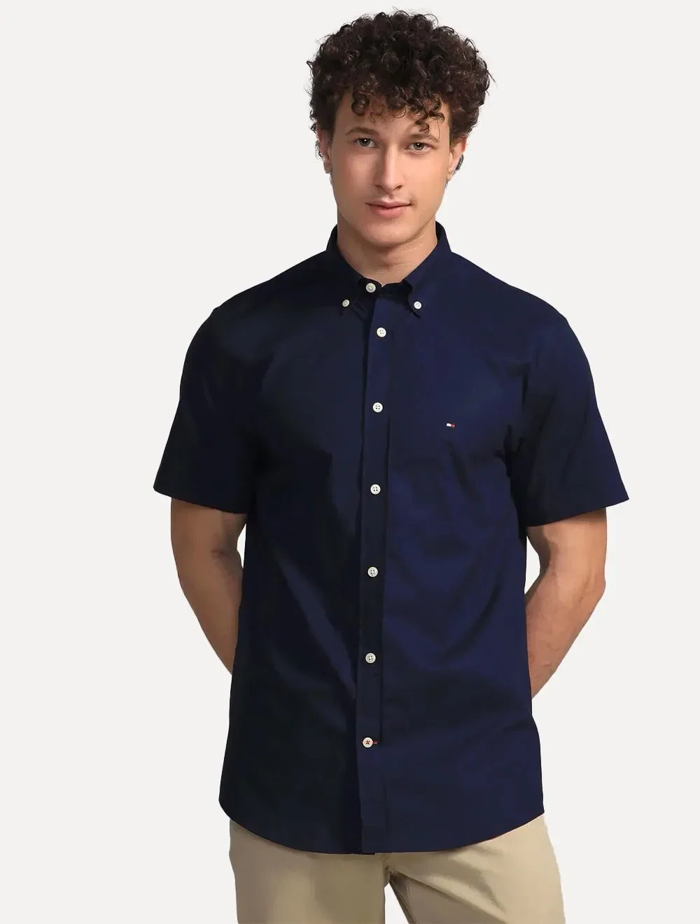 Camisa Tommy Hilfiger Masculina Manga Curta Regular Classic Poplin Azul Marinho