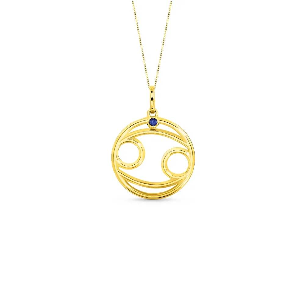 Pingente ZodíAço Câncer em Ouro Amarelo 18k com Safira Azul, 17mm