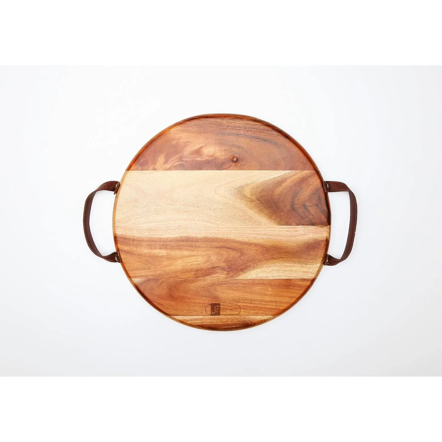 Bandeja Redonda Acacia com Alça Couro 38cm