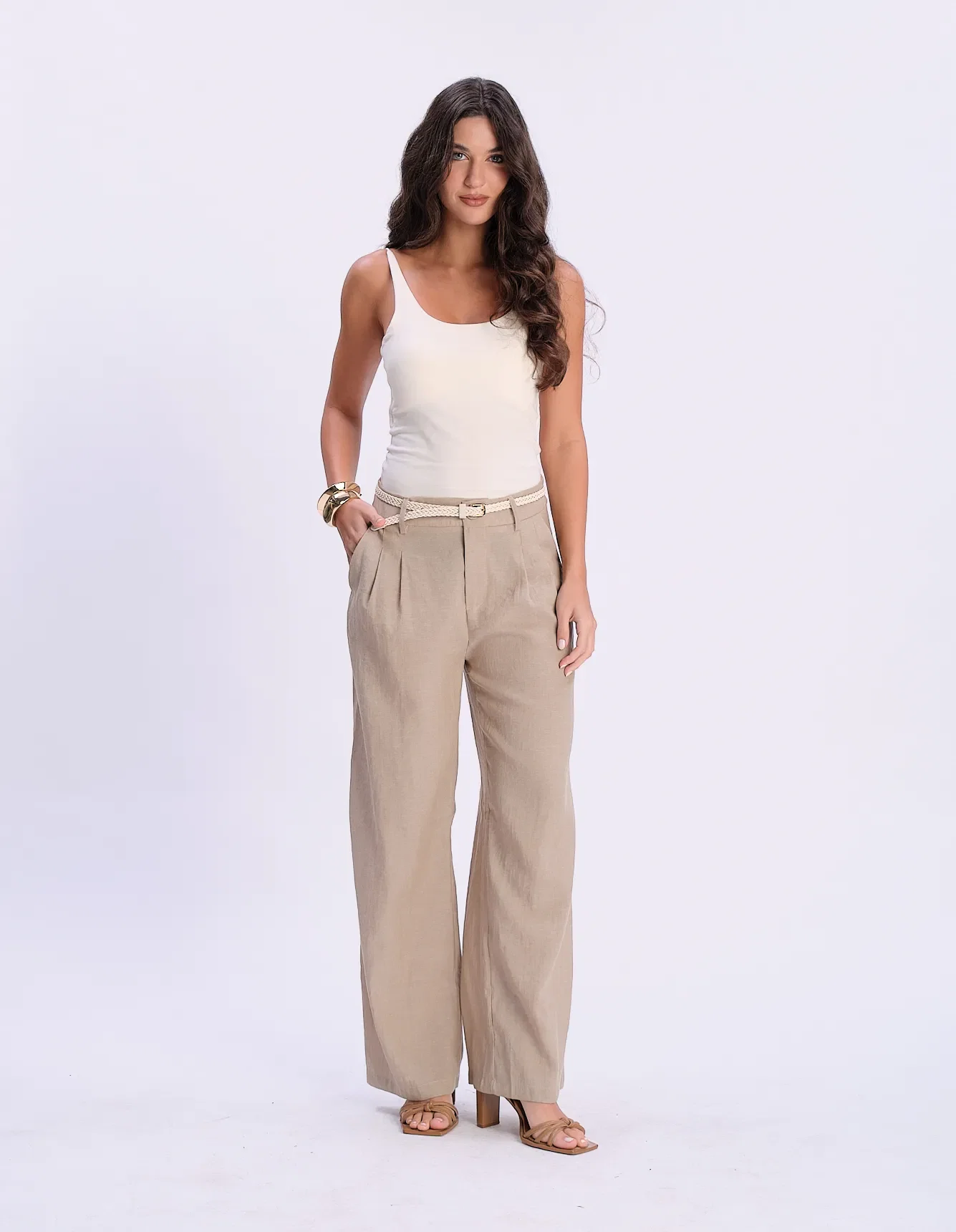 Calça Alfaiataria Pregas Com Cinto - Caqui