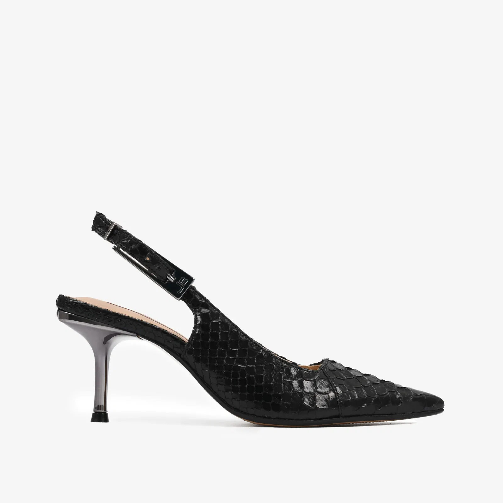 Slingback Preto Salto Fino Pele Cobra Python