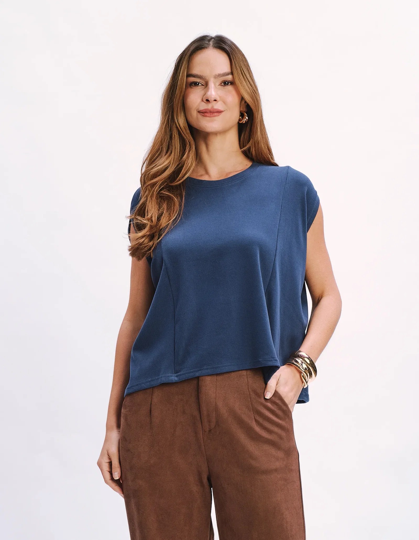 Blusa Manga Morcego Decote Redondo - Azul Marinho — imagem 1