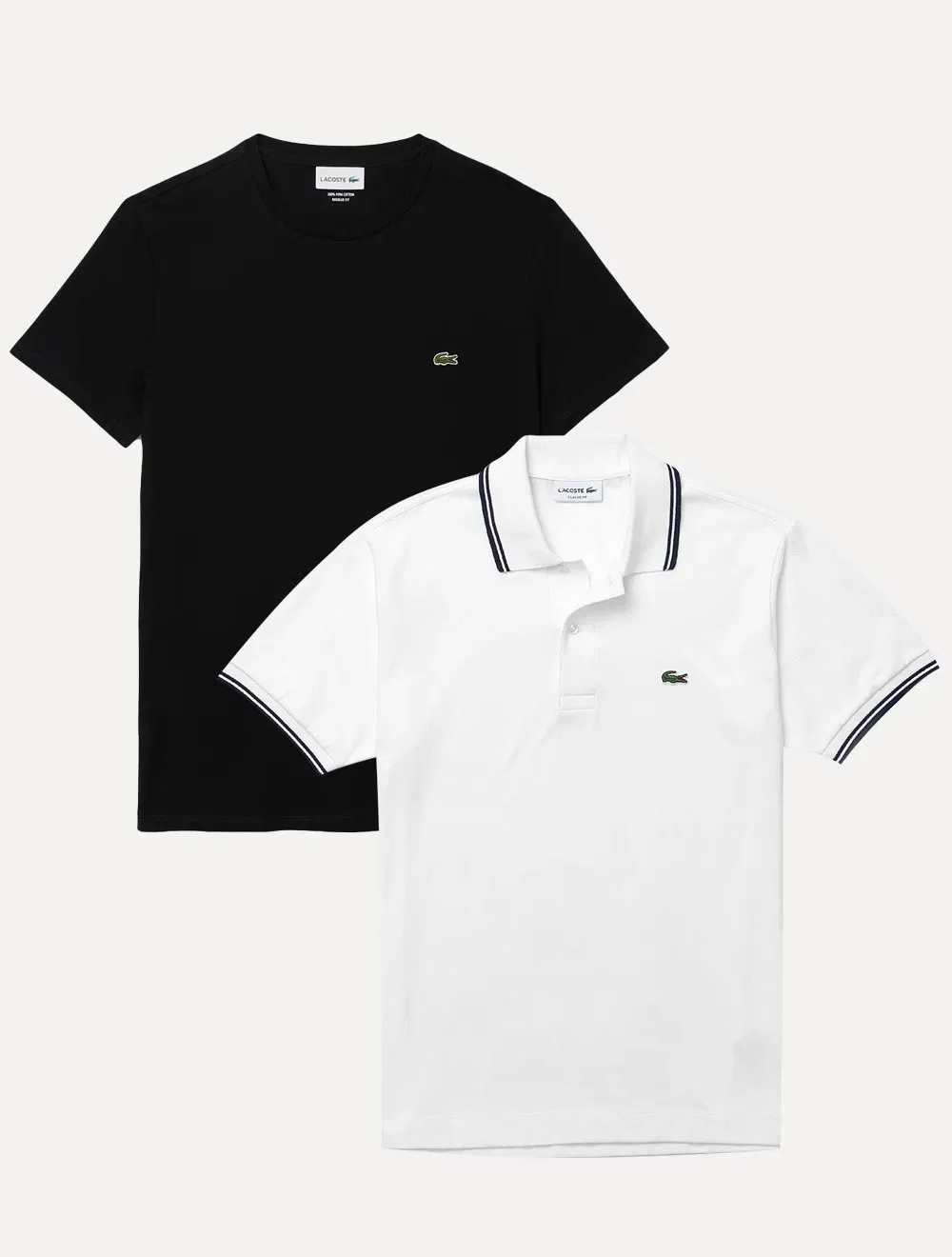 Kit Camiseta e Polo Lacoste | Jersey Cotton e Classic Piquet Navy Stripes Preta / Branca