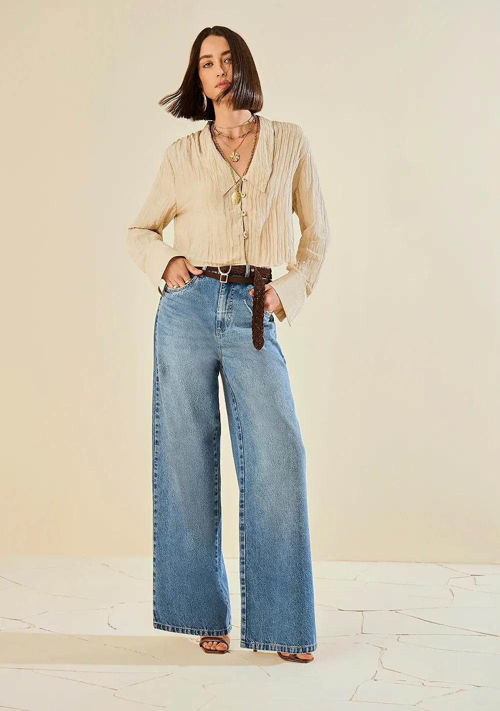 Calça Morena Rosa Pantalona Alta Azul