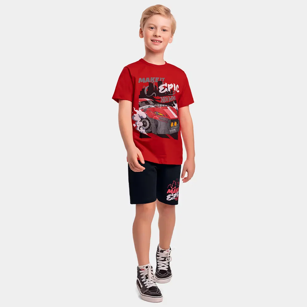Conjunto infantil camiseta meia malha e bermuda moletinho Hot Wheels