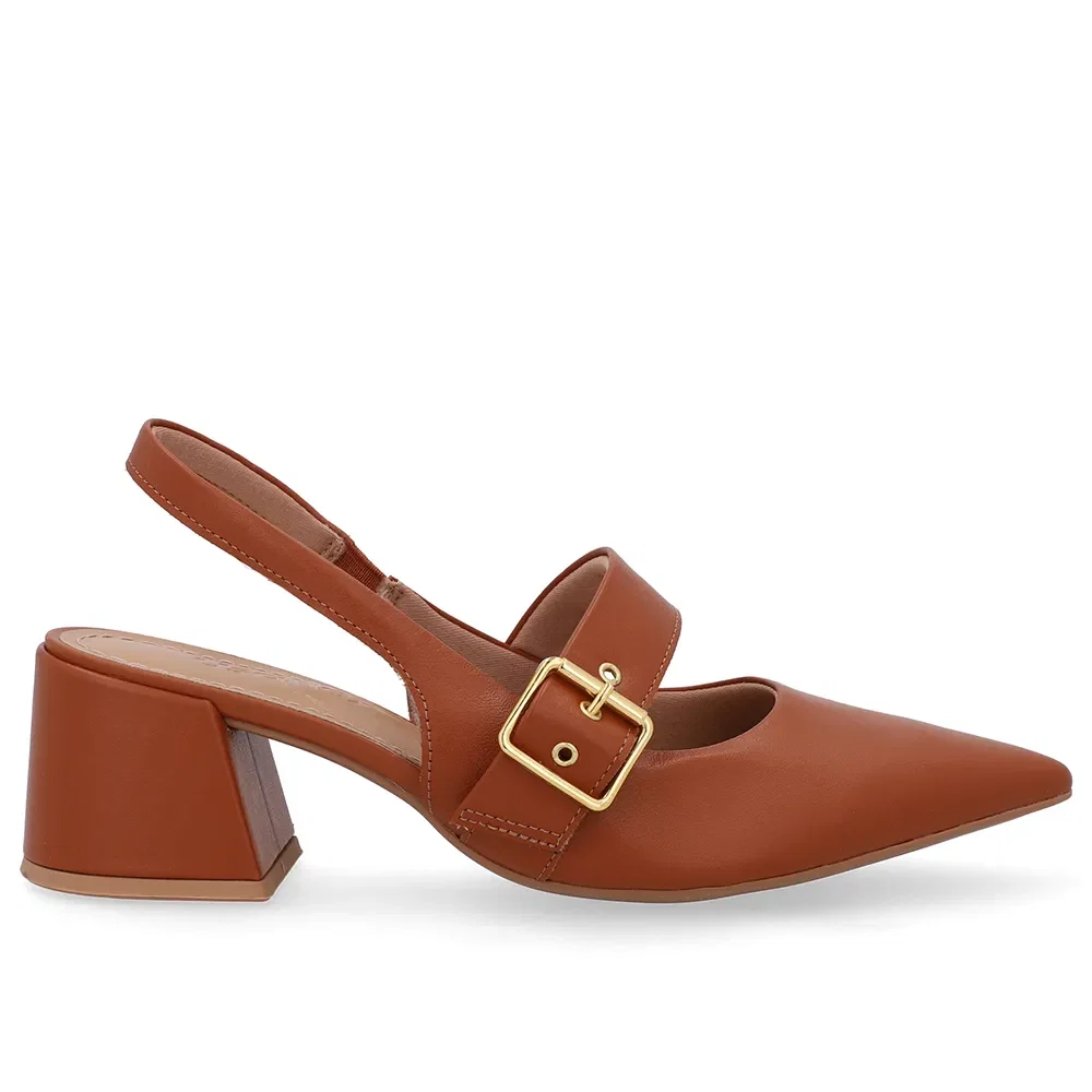 Slingback Marrom Salto Bloco Couro Detalhe Fivela — imagem 1