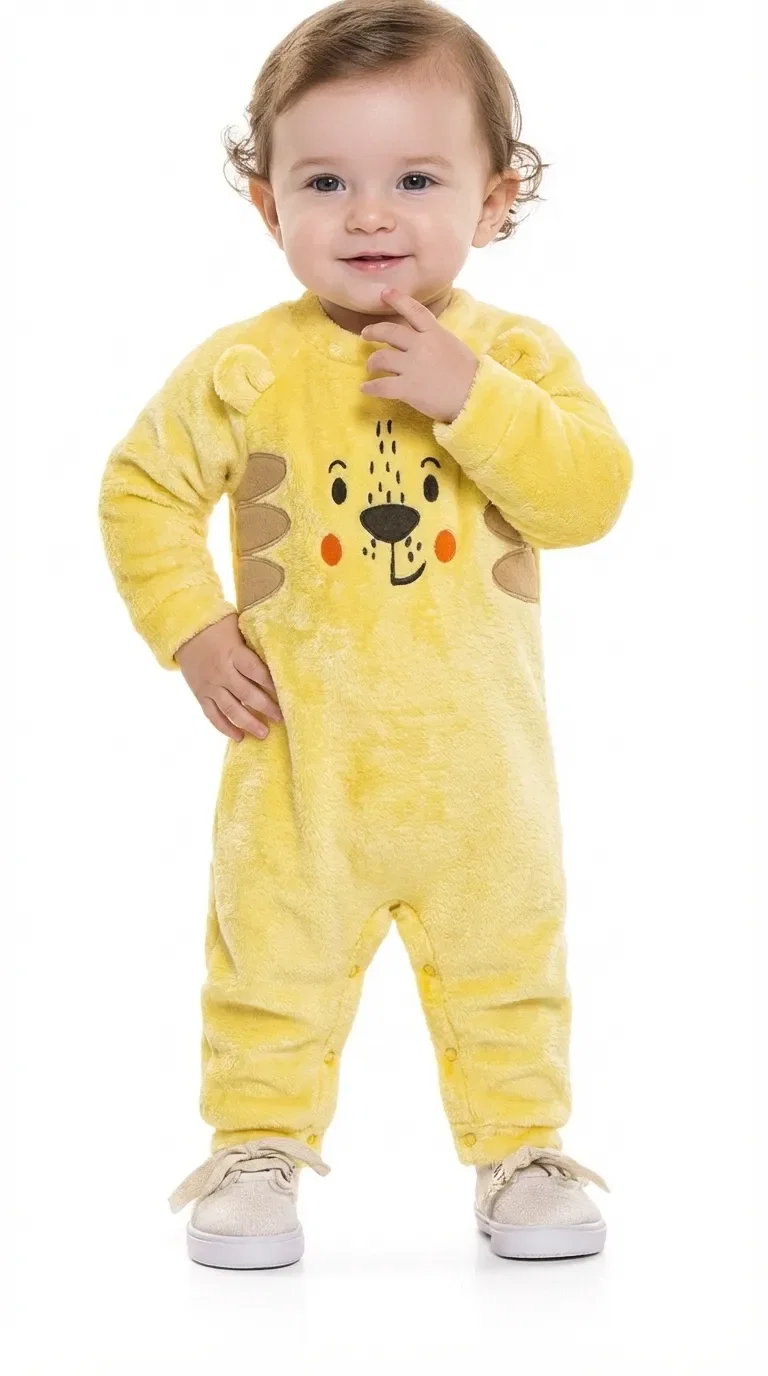 Macacão manga longa em tecido fleece bichinho