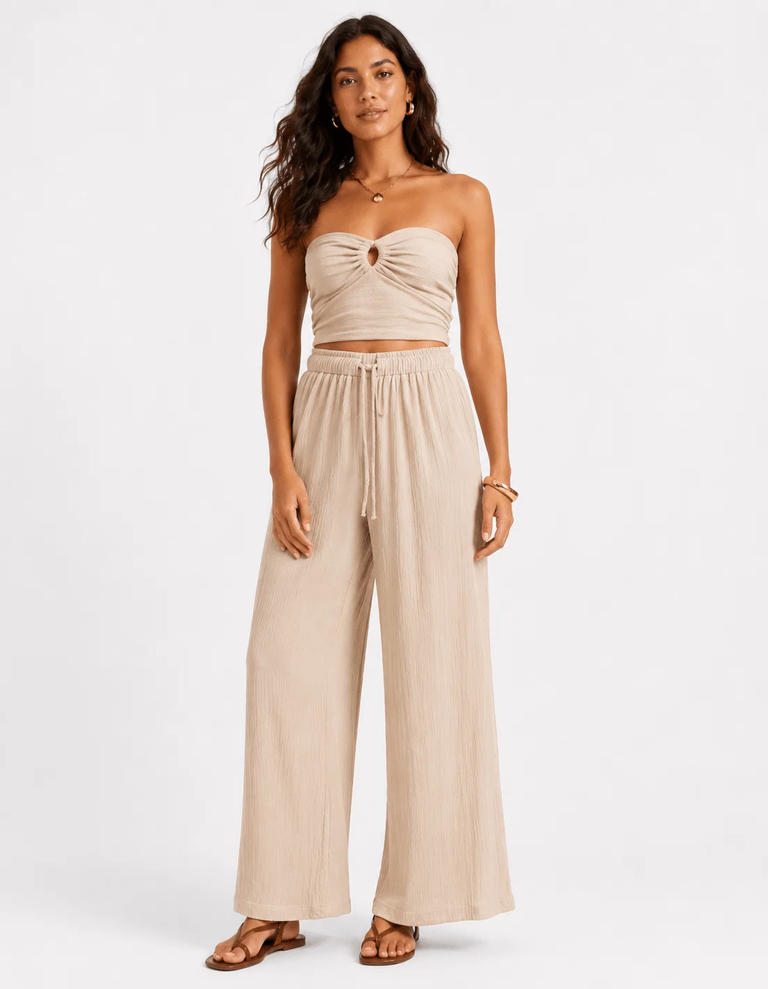 Calça Pantalona Detalhe Cós Amarrações - Bege — imagem 1