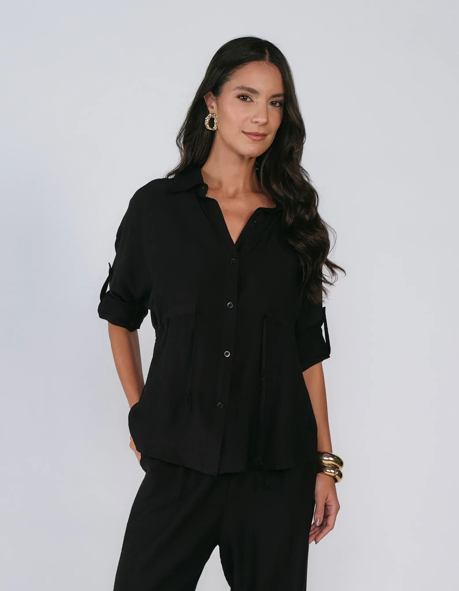 Blusa Manga Longa Botões Amarrações - Preto — imagem 1