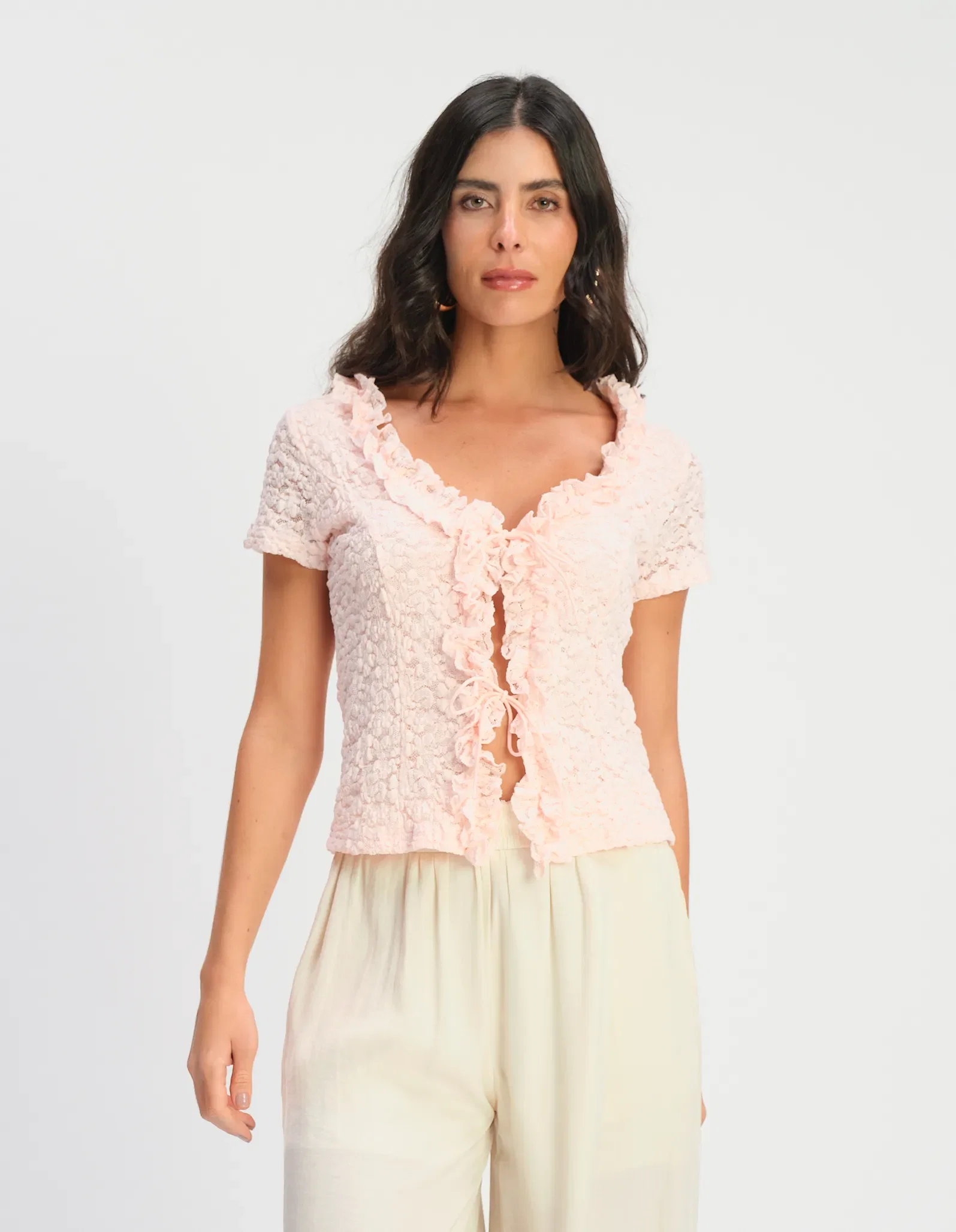 Blusa Decote v Detalhe Amarração - Rosa — imagem 1