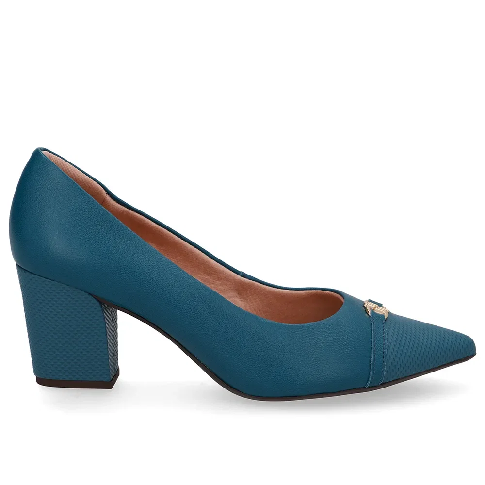Scarpin Couro Azul Bico Fino Enfeite — imagem 1