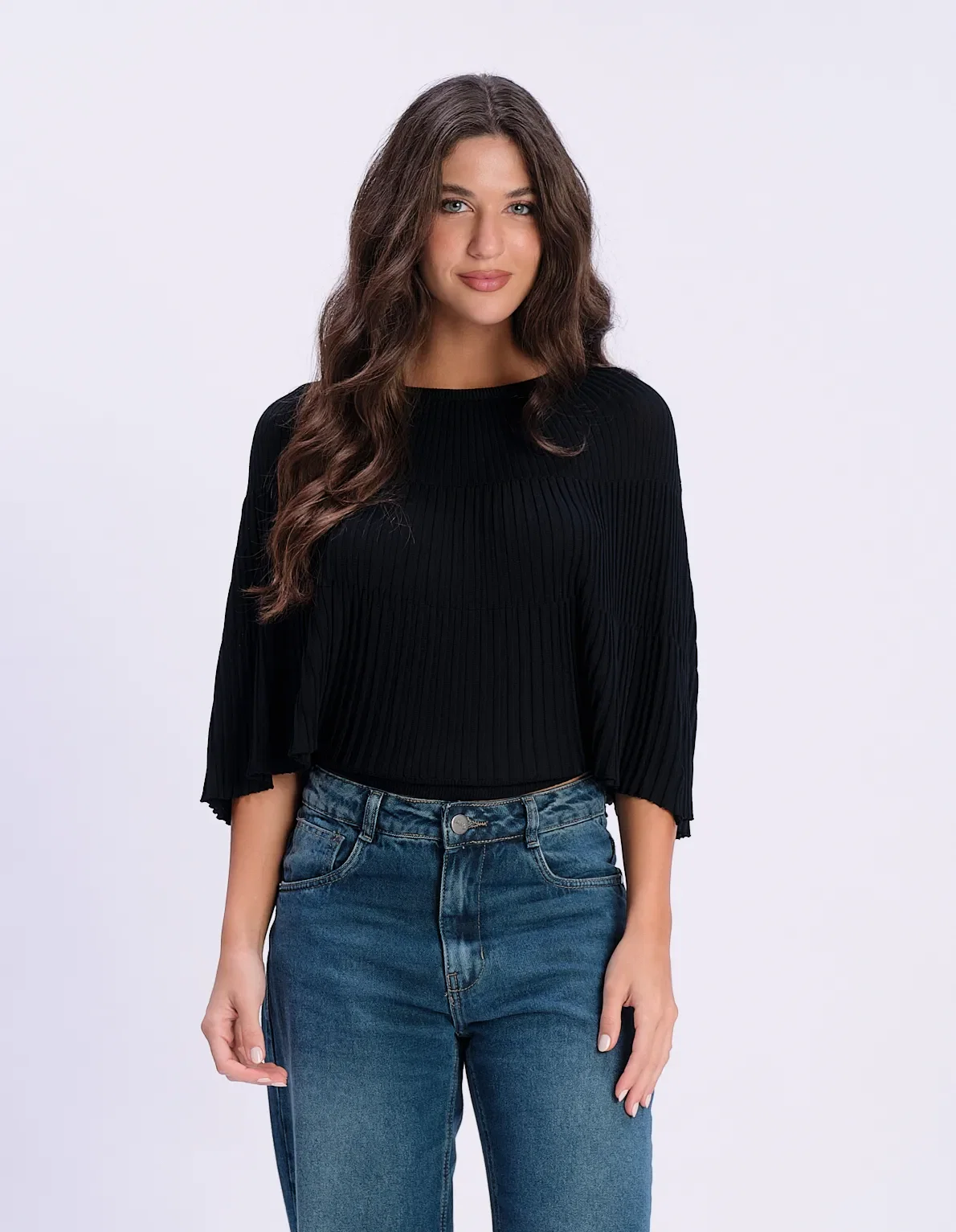 Blusa Tricô Plissada Manga Ampla - Preto — imagem 1