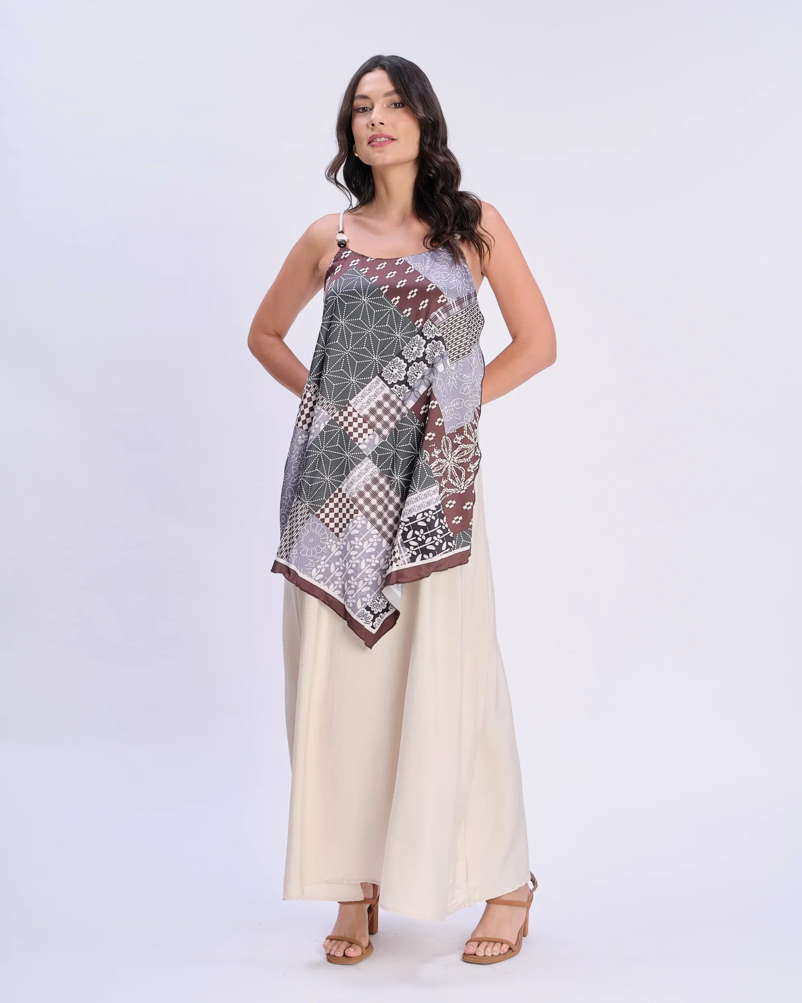 Vestido Longo Detalhe Lenço Sobreposto - Areia — imagem 1
