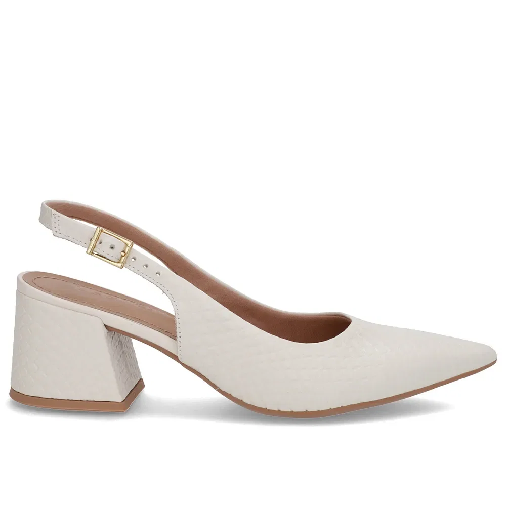 Slingback Branco Marfim Bico Fino Couro Detalhe Fivela
