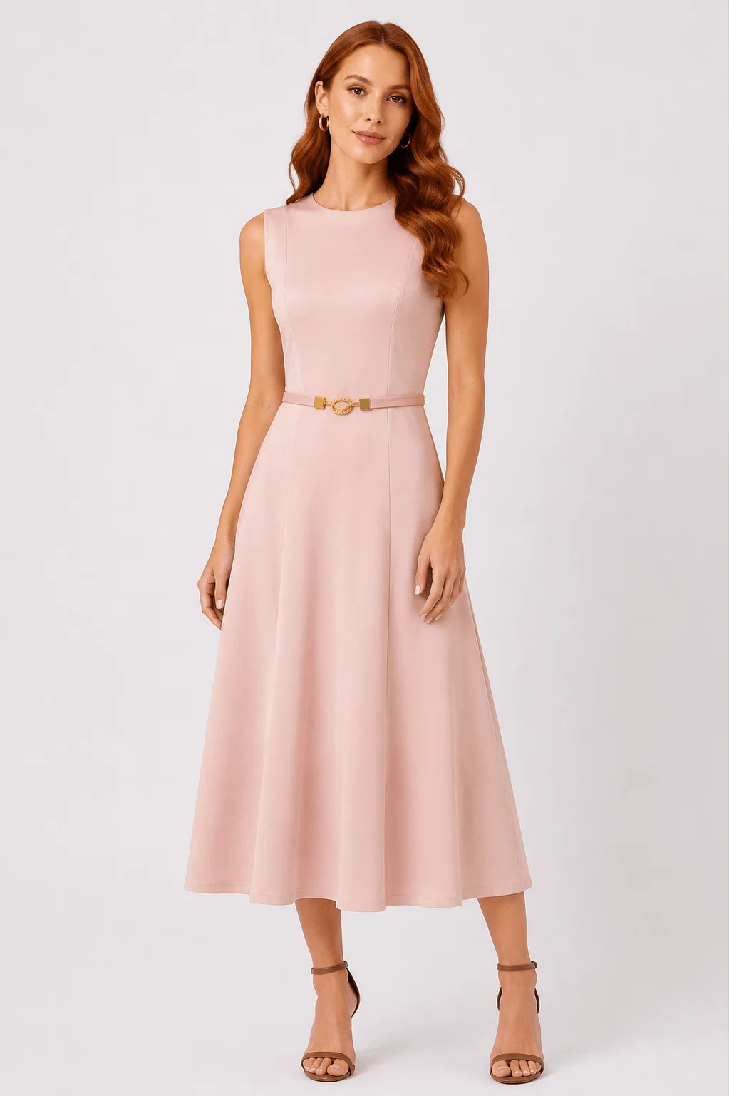 Vestido Midi Com Cinto - Rosa