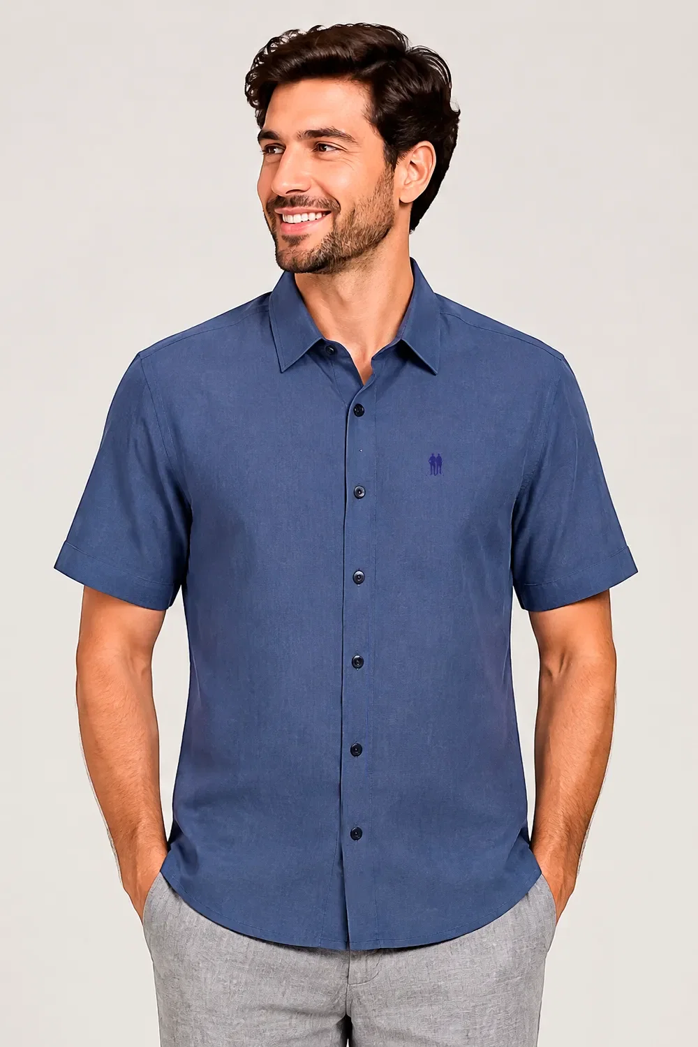 Camisa Masculina Viscolinho Manga Curta Polo Wear Azul Bic