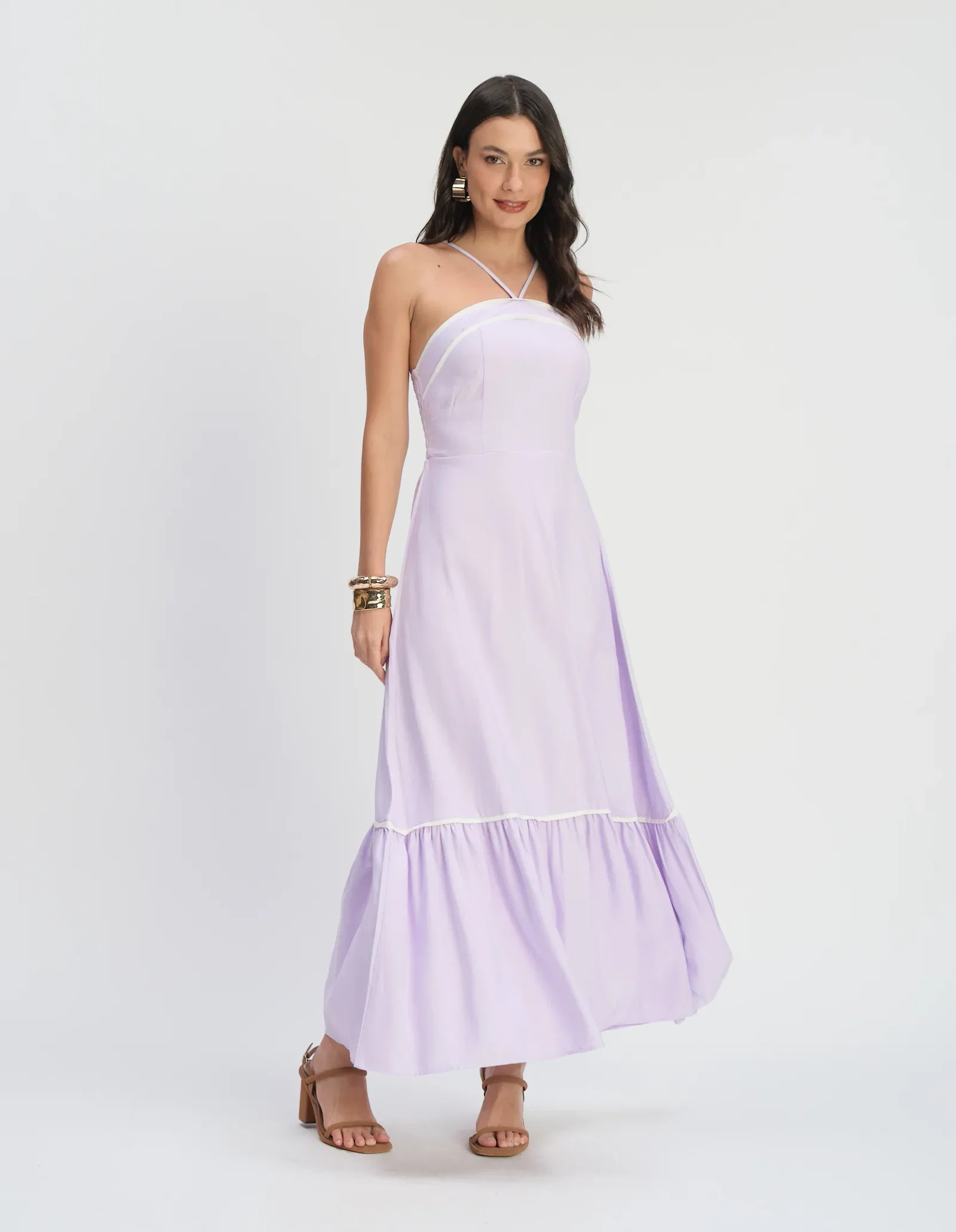 Vestido Longo Frente Única Detalhe Vivos - Lilas — imagem 1