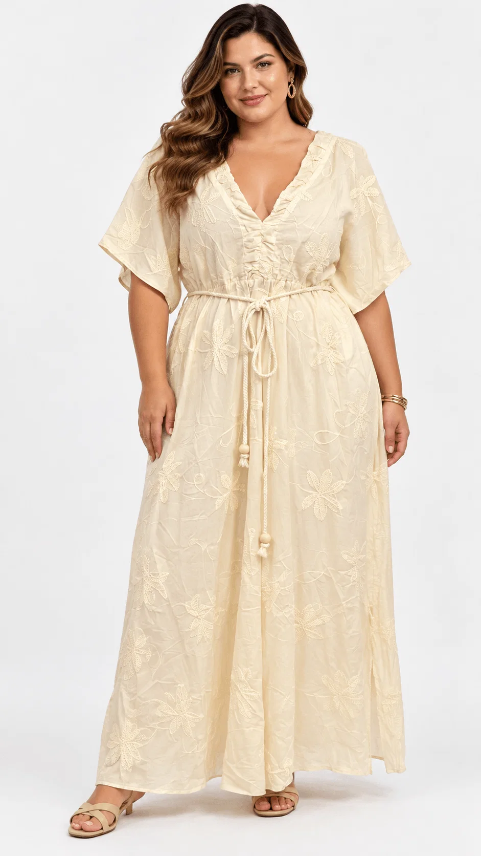 Vestido Manga Morcego Bordado - Off White — imagem 1