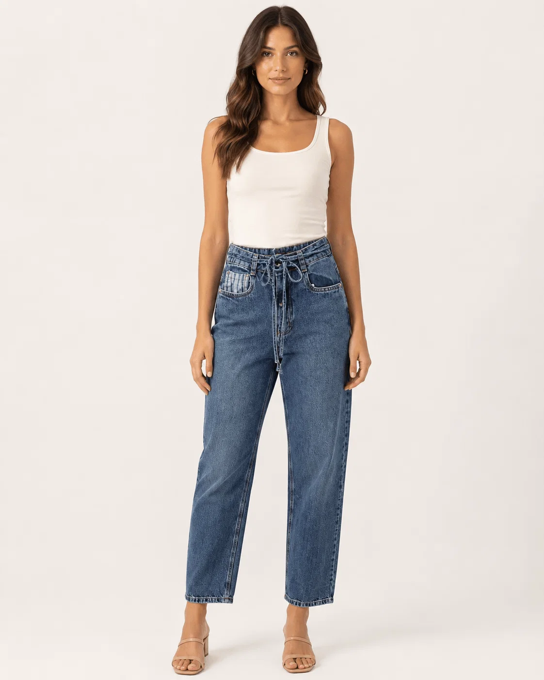 Calça Jeans Reta Detalhe Listras - Denim Medio — imagem 1