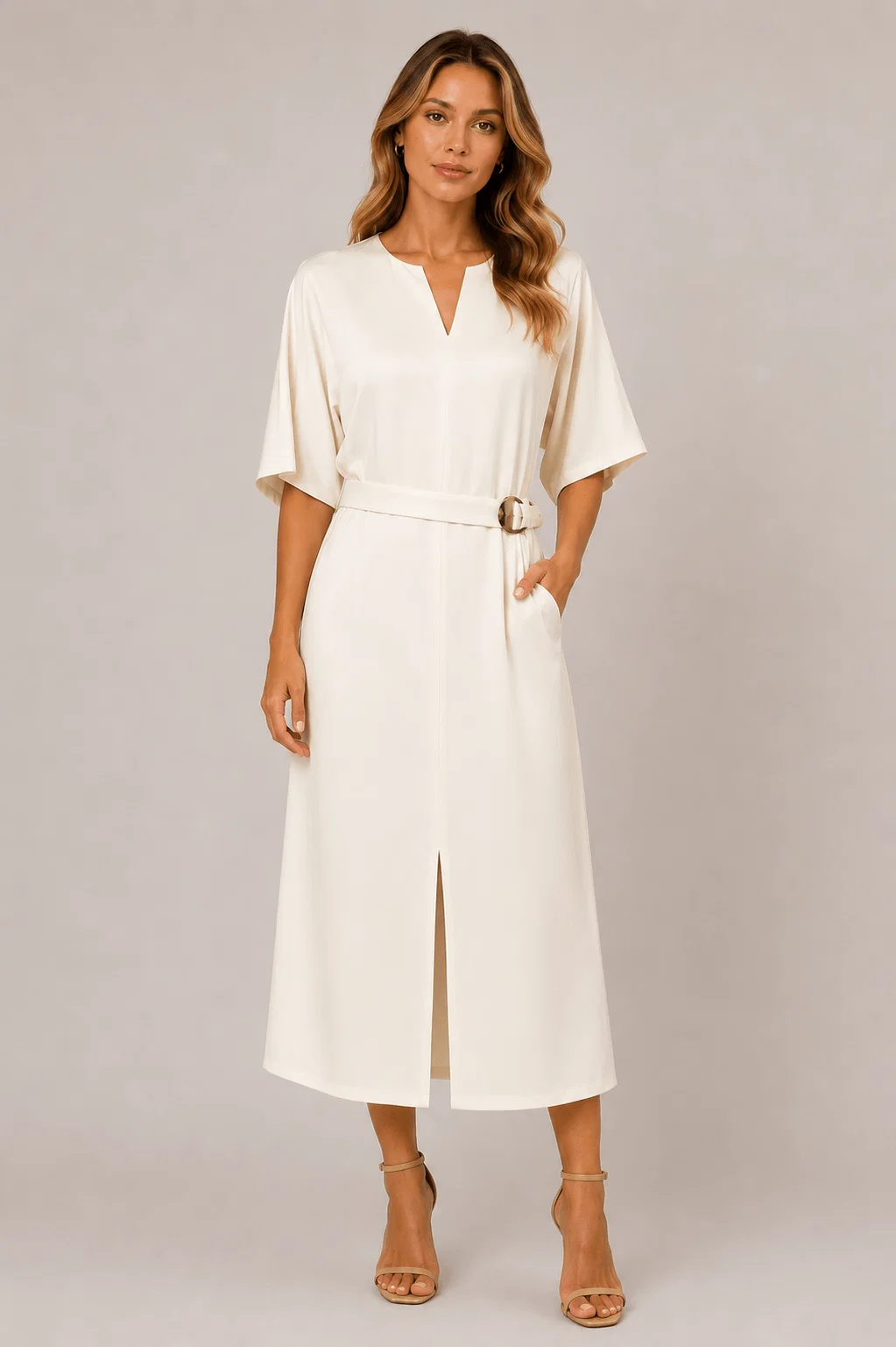 Vestido Decote v Com Cinto - Off White — imagem 1