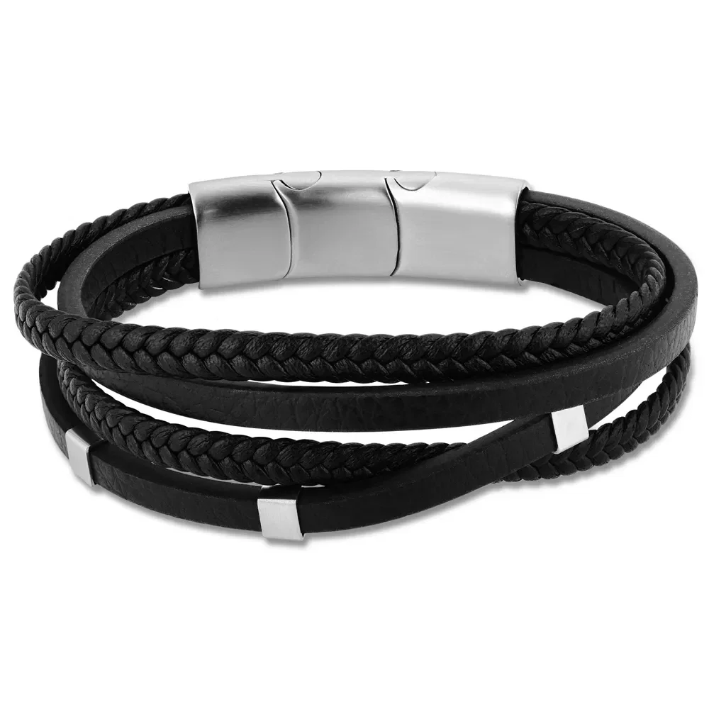 Pulseira Life em Couro XI Preto com Aço — imagem 1
