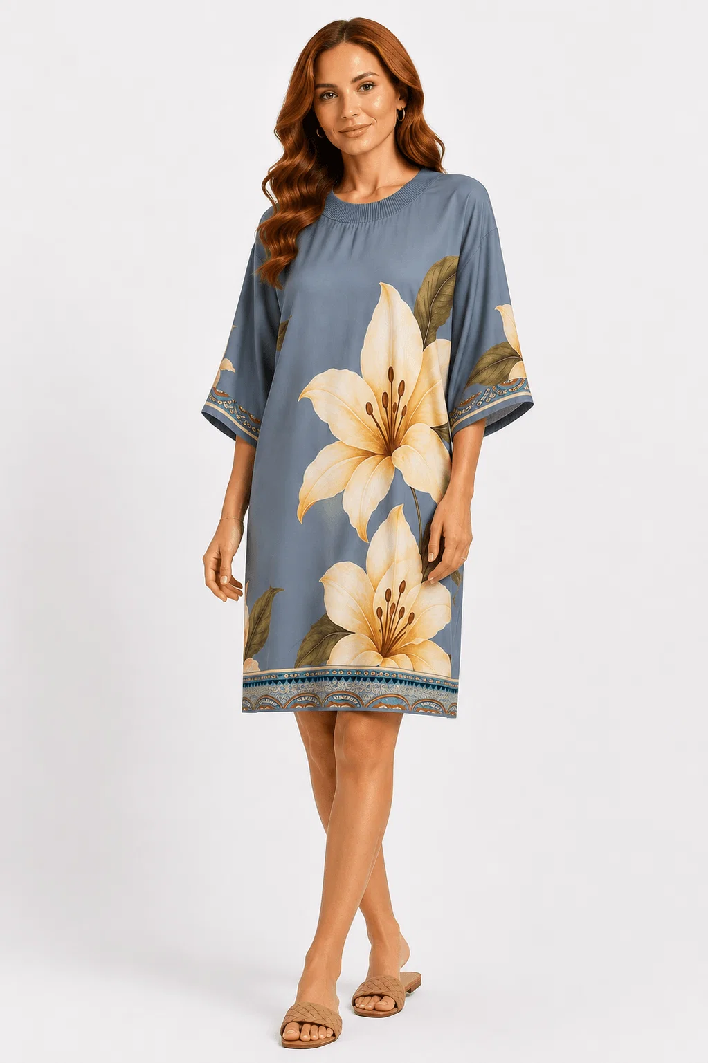 Vestido Curto Estampado Lírio Solar - Azul — imagem 1