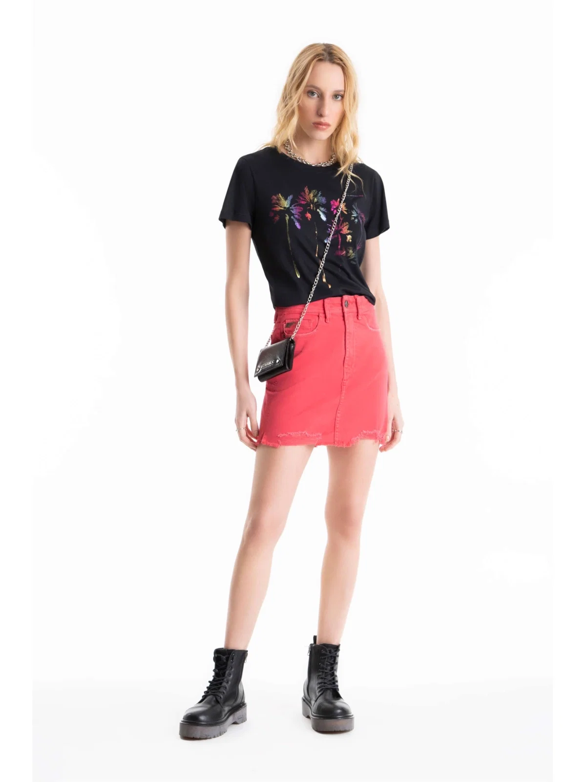 Saia Vintage Denim Color Zoe Destroyed Melancia — imagem 1