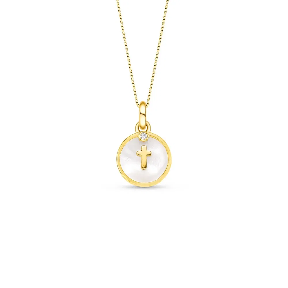 Pingente Religiosos Cruz em Ouro Amarelo 18k com Madrepérola e Topázio Incolor, 17mm