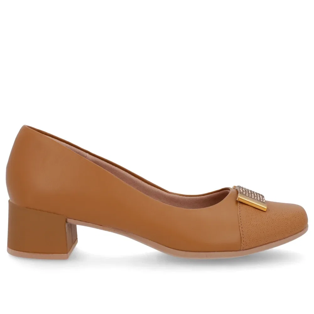 Scarpin Marrom Couro Bico Quadrado Enfeite — imagem 1