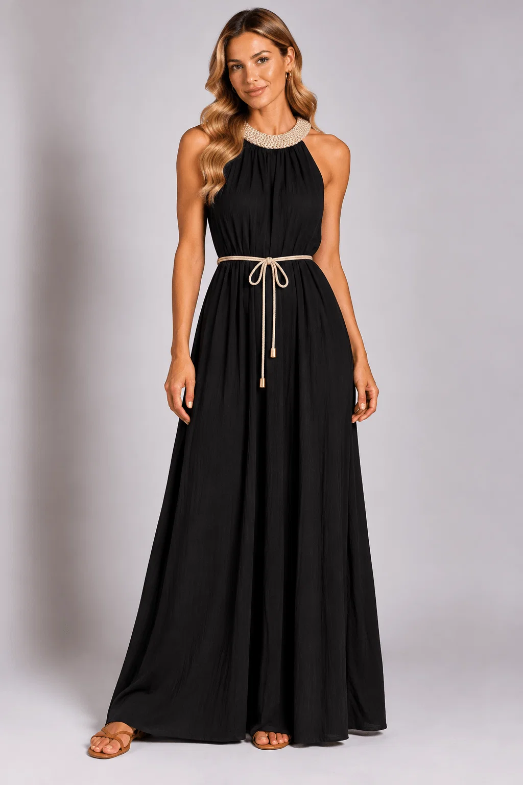 Vestido Detalhe Decote Bordado Com Cinto - Preto